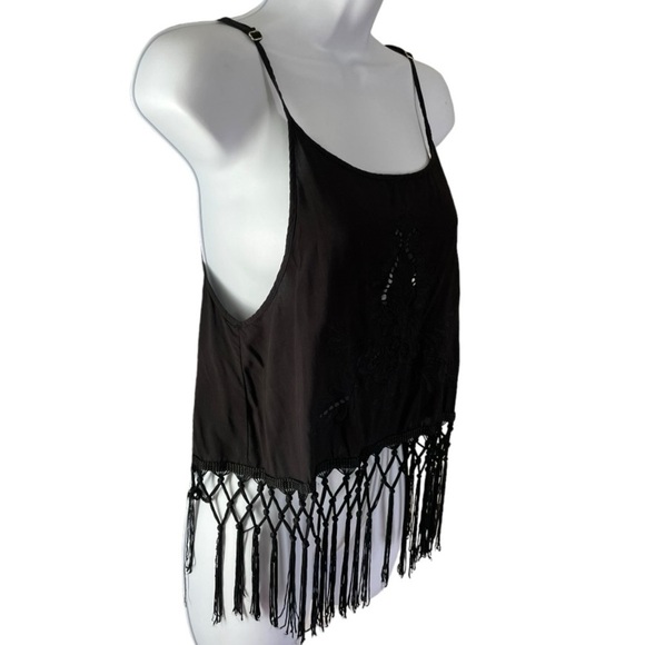 Solemio Black Cropped Tank Top Cami w/ Fringe and Embroidery Cut out Size Small - Picture 3 of 10